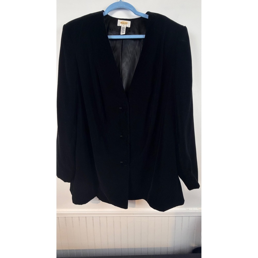 Talbots Woman Black Velvet Blazer‎ Jacket Collarless V-Neck Plus Size 16W USA